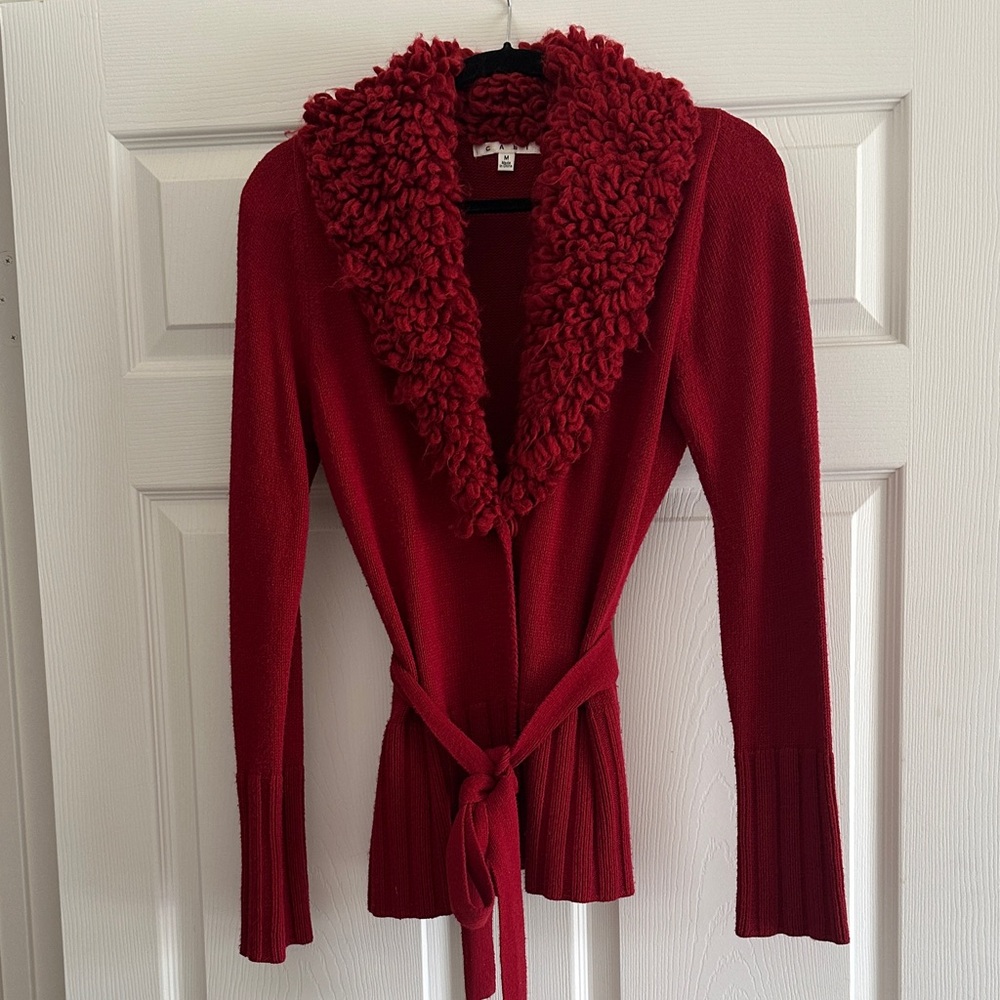 CAbi Deep Red Cardigan with Plush Collar